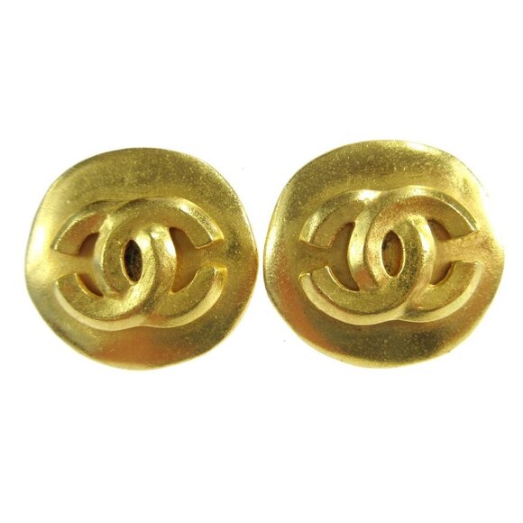 Chanel Round Earrings Gold Clip-On Large 96P - Picture 1 of 4